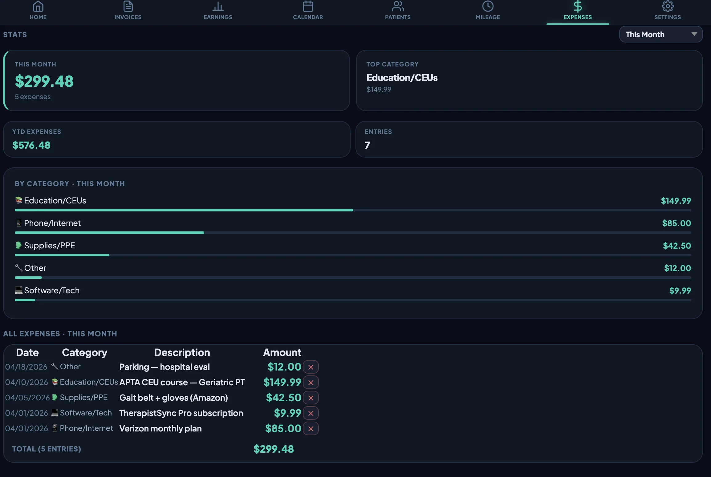 Expense tracker by category for 1099 therapists