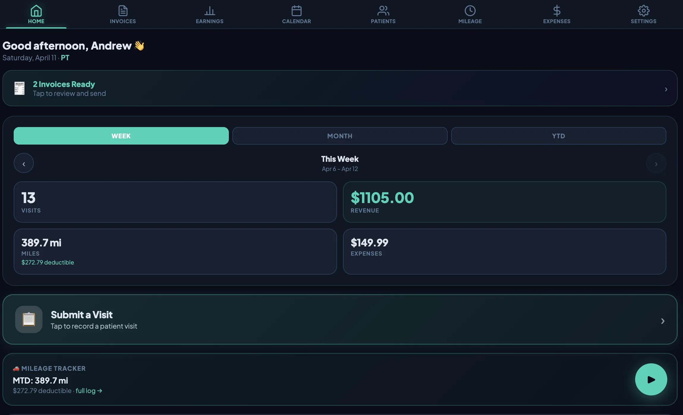 TherapistSync Home Dashboard — visits, revenue, and mileage at a glance