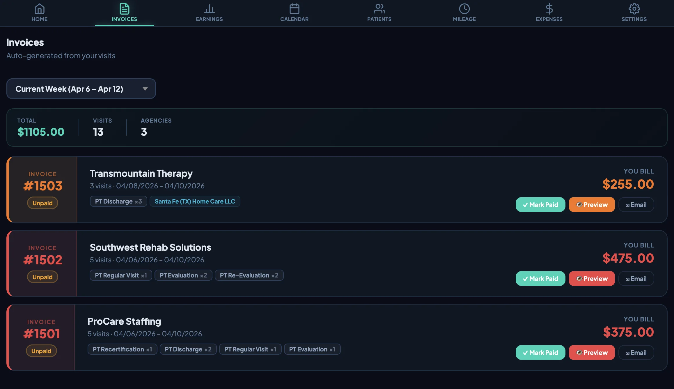 Auto-generated weekly invoices per agency