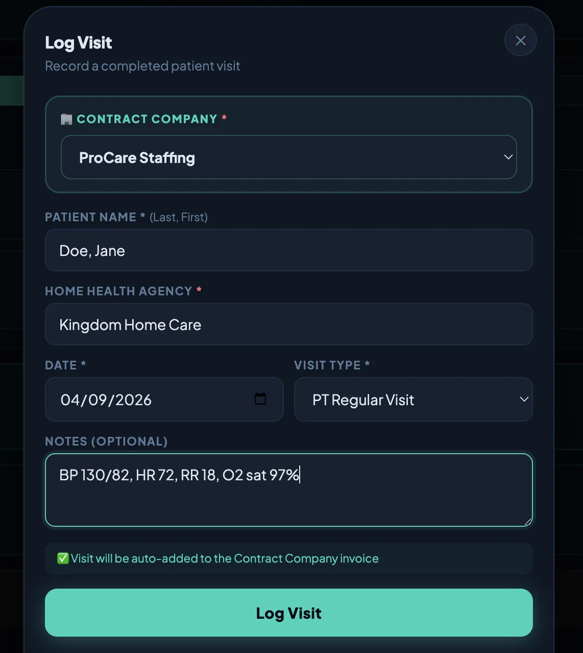 Log a patient visit in TherapistSync